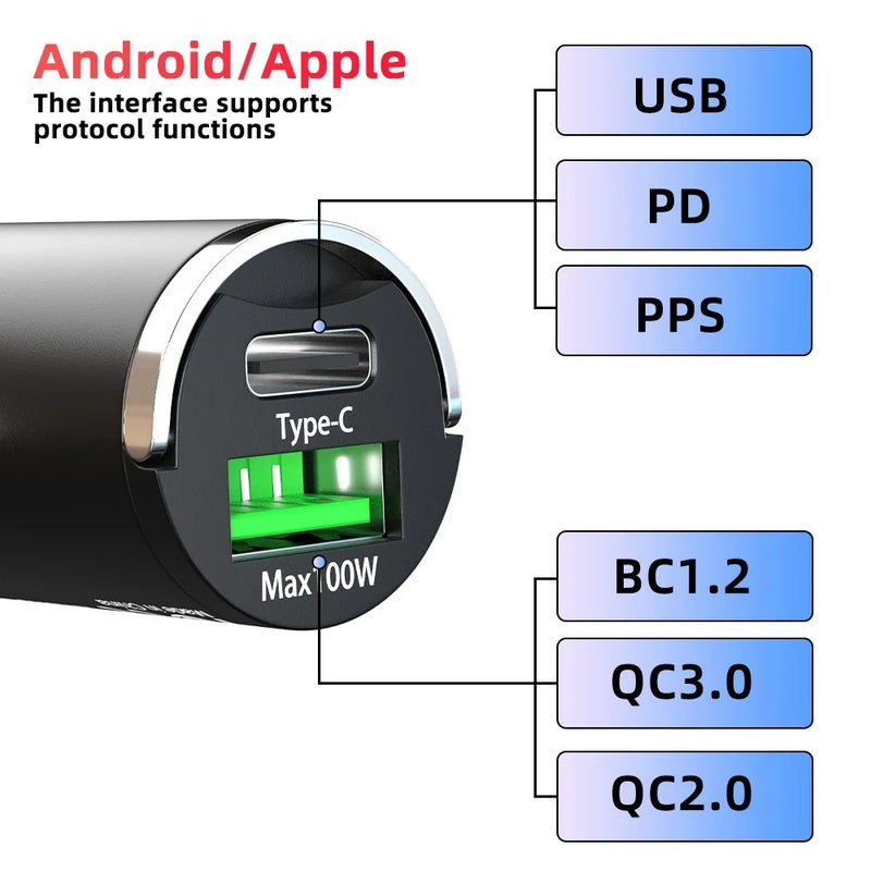 Bluejw PD 30W QC3.0 100W Mini Car Charger, Super Fast Charging, Metal Pull Ring, 12-24V Voltage, Hidden Cigarette Lighter, Automobile Chargers - Image 4